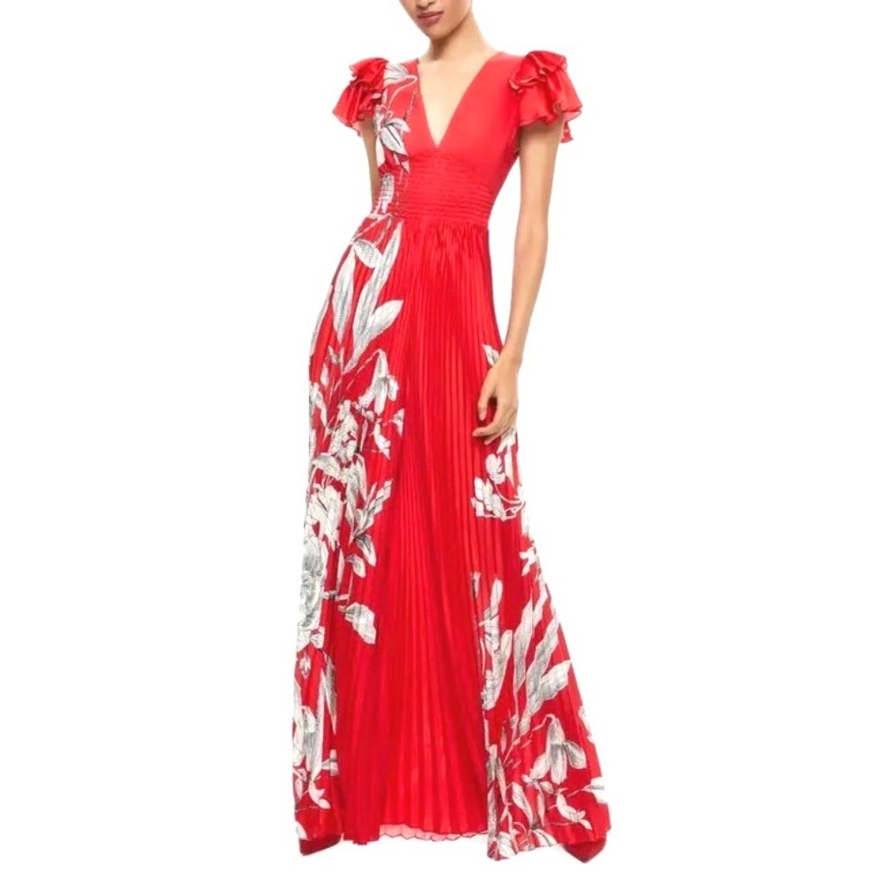 Alice + Olivia MSRP $698 Bennet Red Floral Pleated Wide Leg Jumpsuit  Size 8